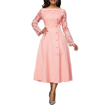 "Luxe feestjurk met elegante kanten mouwen, vierkante kraag en vloeiend maxi silhouet voor vrouwen."