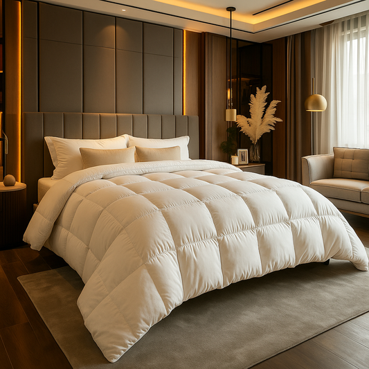 "Luxe ganzendonzen dekbed, wit, licht en luchtig, zorgt voor ultiem comfort en isolatie in elegante slaapkameromgeving."