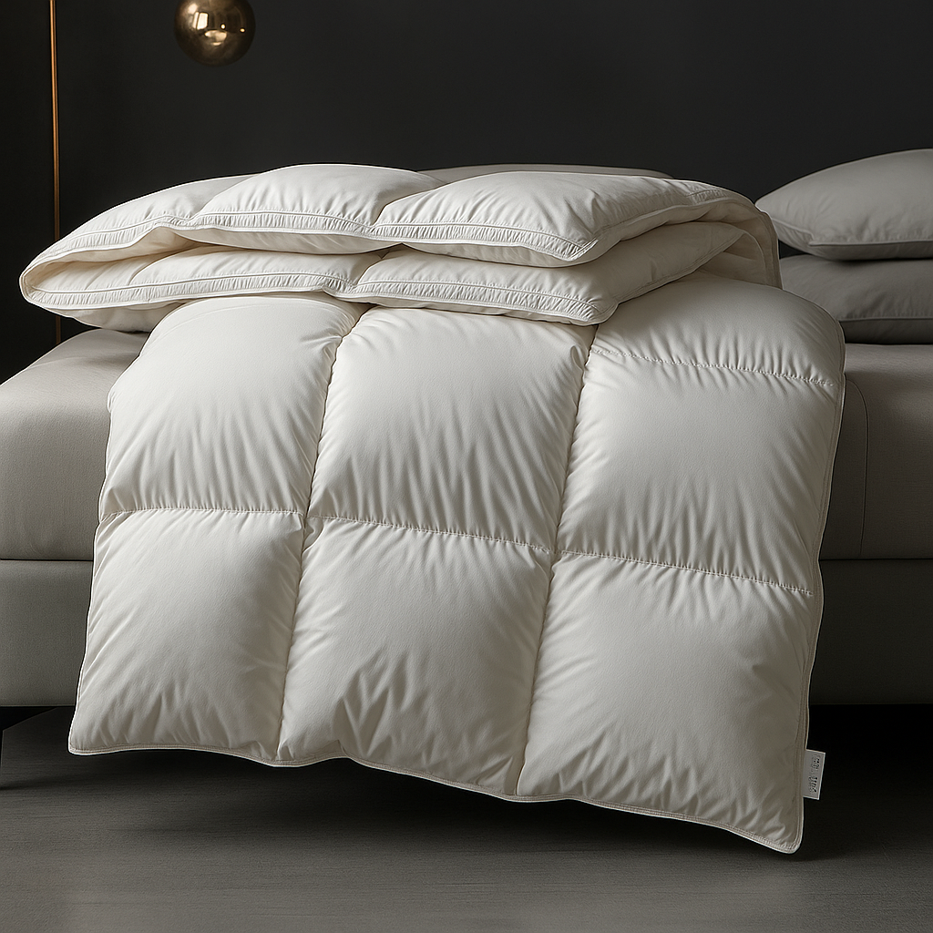 "Luxe ganzendonzen dekbed, wit, licht en luchtig, zorgt voor ultiem comfort en isolatie in elegante slaapkameromgeving."
