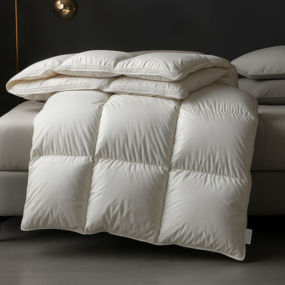 "Luxe ganzendonzen dekbed, wit, licht en luchtig, zorgt voor ultiem comfort en isolatie in elegante slaapkameromgeving."