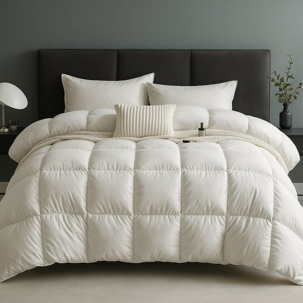 "Luxe ganzendonzen dekbed, wit, licht en luchtig, zorgt voor ultiem comfort en isolatie in elegante slaapkameromgeving."