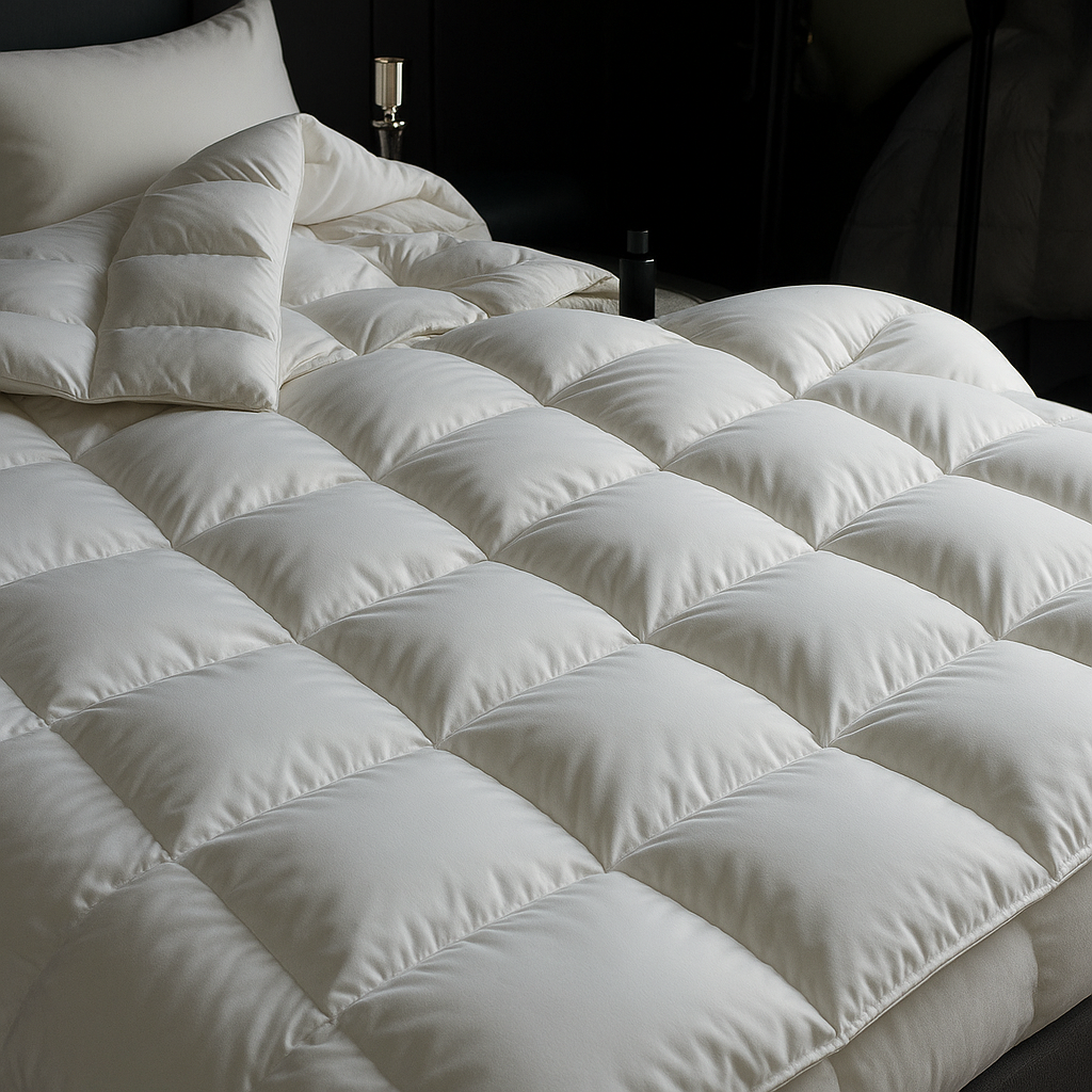 "Luxe ganzendonzen dekbed, wit, licht en luchtig, zorgt voor ultiem comfort en isolatie in elegante slaapkameromgeving."