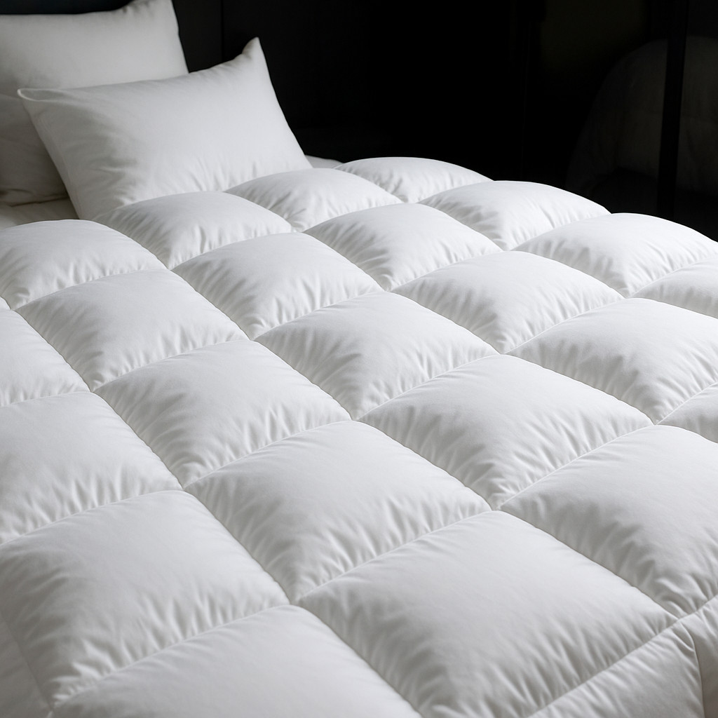 "Luxe ganzendonzen dekbed, wit, licht en luchtig, zorgt voor ultiem comfort en isolatie in elegante slaapkameromgeving."