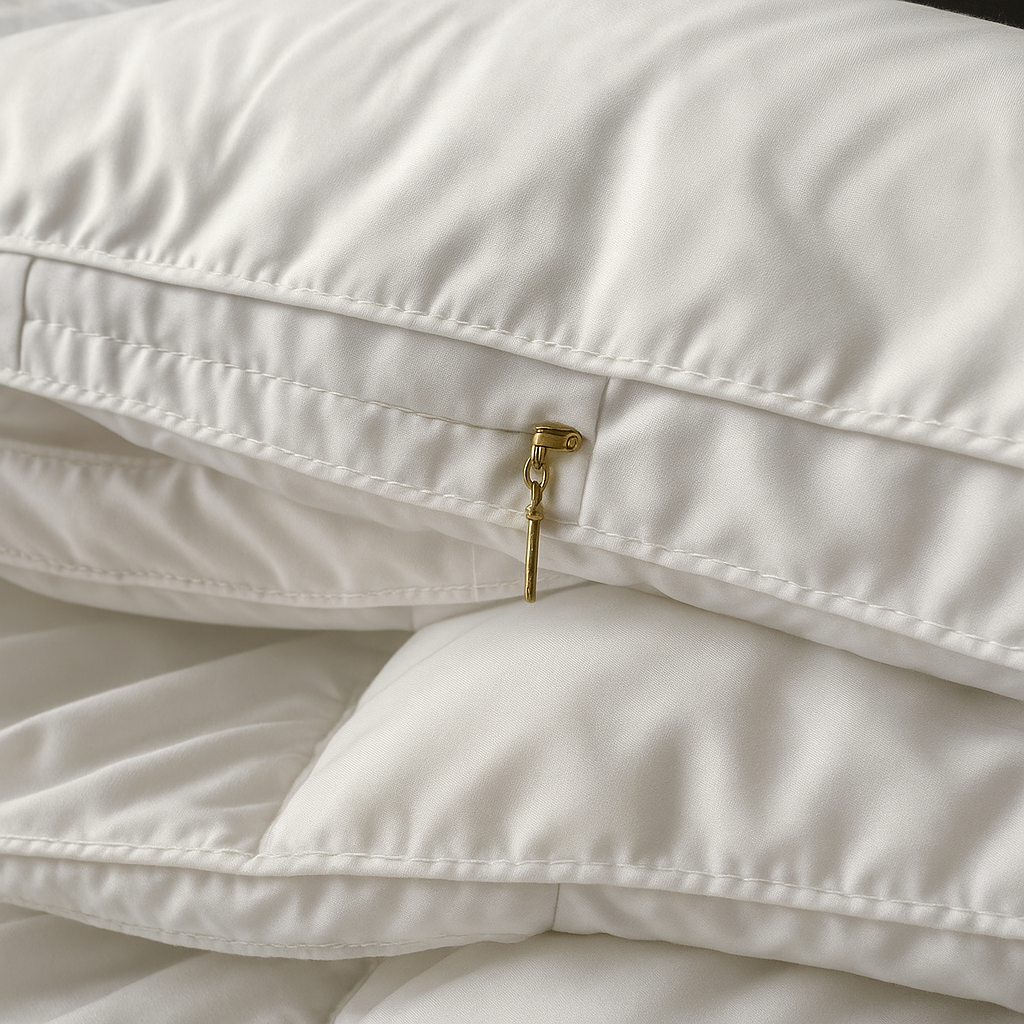 "Luxe ganzendonzen dekbed, wit, licht en luchtig, zorgt voor ultiem comfort en isolatie in elegante slaapkameromgeving."