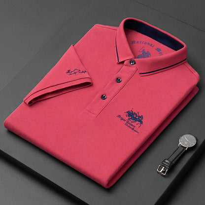 "Luxe katoenen herenpolo met korte mouwen, elegante pasvorm, reverskraag, perfect voor casual en semi-formele gelegenheden."
