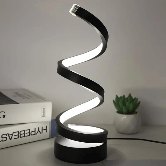 "Moderne dimbare LED tafellamp met spiraalvorm, elegant design, ideaal voor sfeervolle en energiezuinige verlichting."