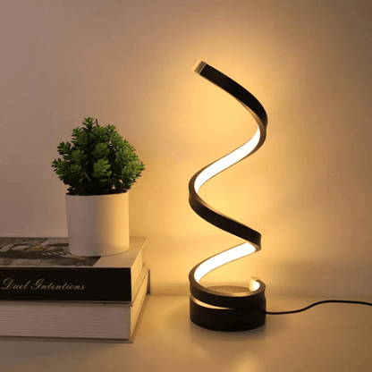 "Moderne dimbare LED tafellamp met spiraalvorm, elegant design, ideaal voor sfeervolle en energiezuinige verlichting."