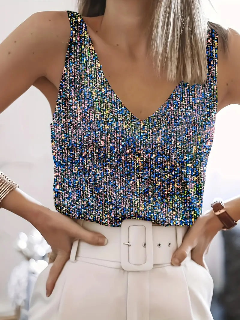 "Mouwloze top met V-hals, pailletten, elegante uitstraling, lichte stof; perfect voor zomer en avondjes uit."