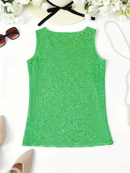 "Mouwloze top met V-hals, pailletten, elegante uitstraling, lichte stof; perfect voor zomer en avondjes uit."