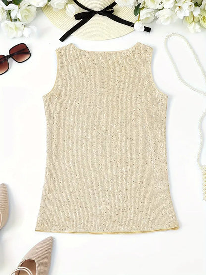 "Mouwloze top met V-hals, pailletten, elegante uitstraling, lichte stof; perfect voor zomer en avondjes uit."