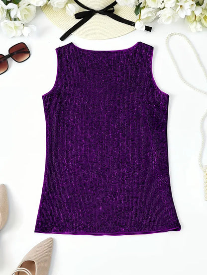 "Mouwloze top met V-hals, pailletten, elegante uitstraling, lichte stof; perfect voor zomer en avondjes uit."