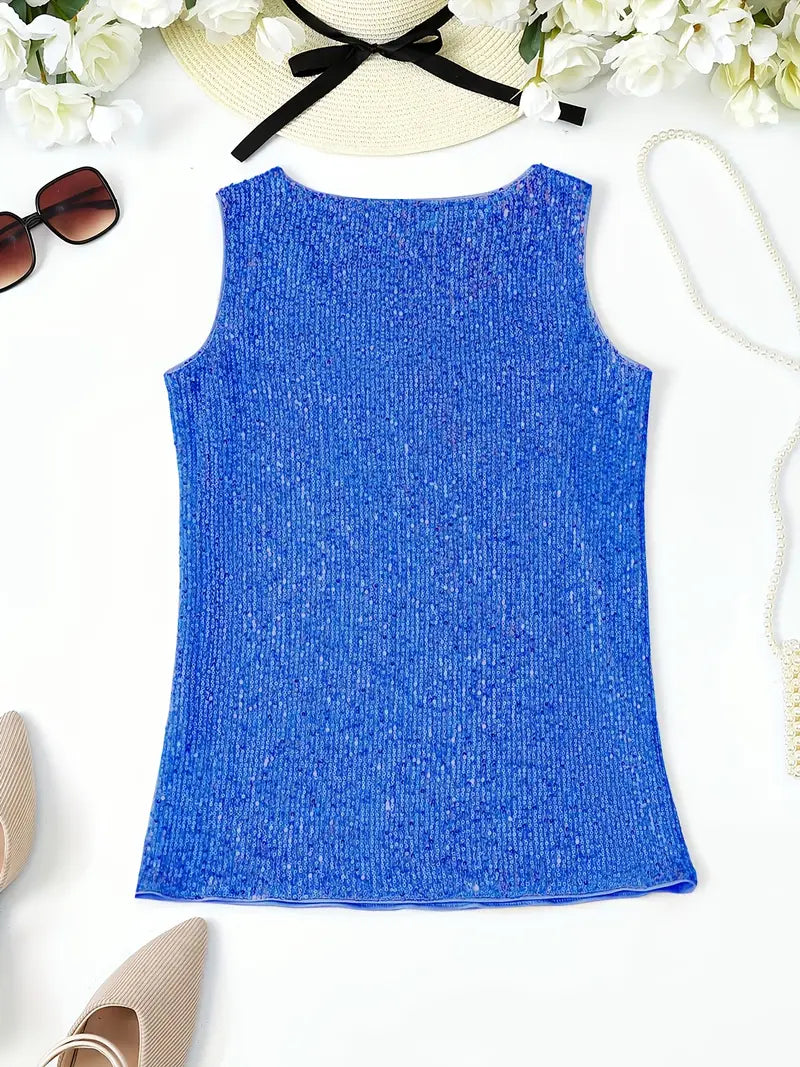 "Mouwloze top met V-hals, pailletten, elegante uitstraling, lichte stof; perfect voor zomer en avondjes uit."