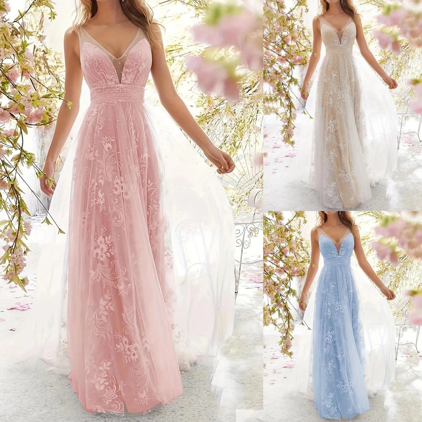 "Mouwloze zwarte mesh jurk met sexy V-hals en elegante kanten details, geschikt voor speciale gelegenheden."