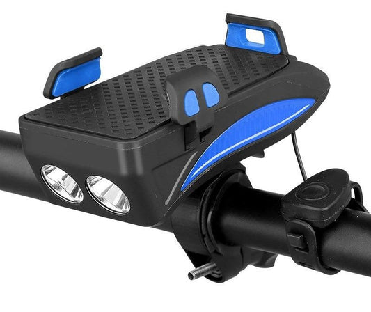 "Multifunctionele fietshouder in blauw: telefoonhouder, powerbank, fietslicht en claxon, stijlvolle 4-in-1 fietsgadget."