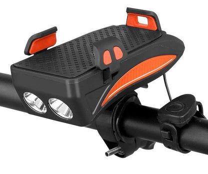"Multifunctionele fietshouder in blauw: telefoonhouder, powerbank, fietslicht en claxon, stijlvolle 4-in-1 fietsgadget."