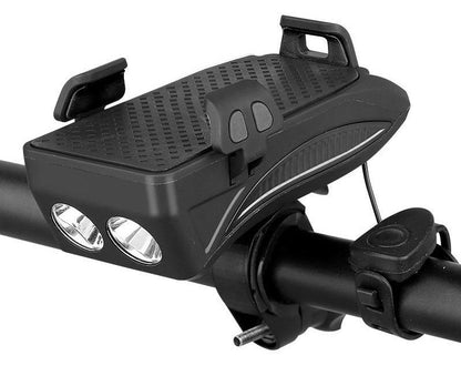 "Multifunctionele fietshouder in blauw: telefoonhouder, powerbank, fietslicht en claxon, stijlvolle 4-in-1 fietsgadget."