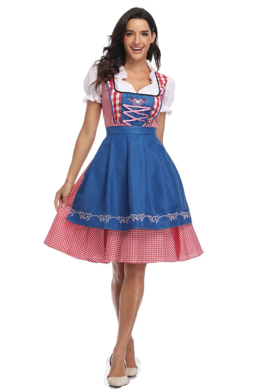 "Oktoberfest dirndl in elegant design, blauw geruit; ideaal voor vrouwen die een feestelijke traditionele Duitse look willen.