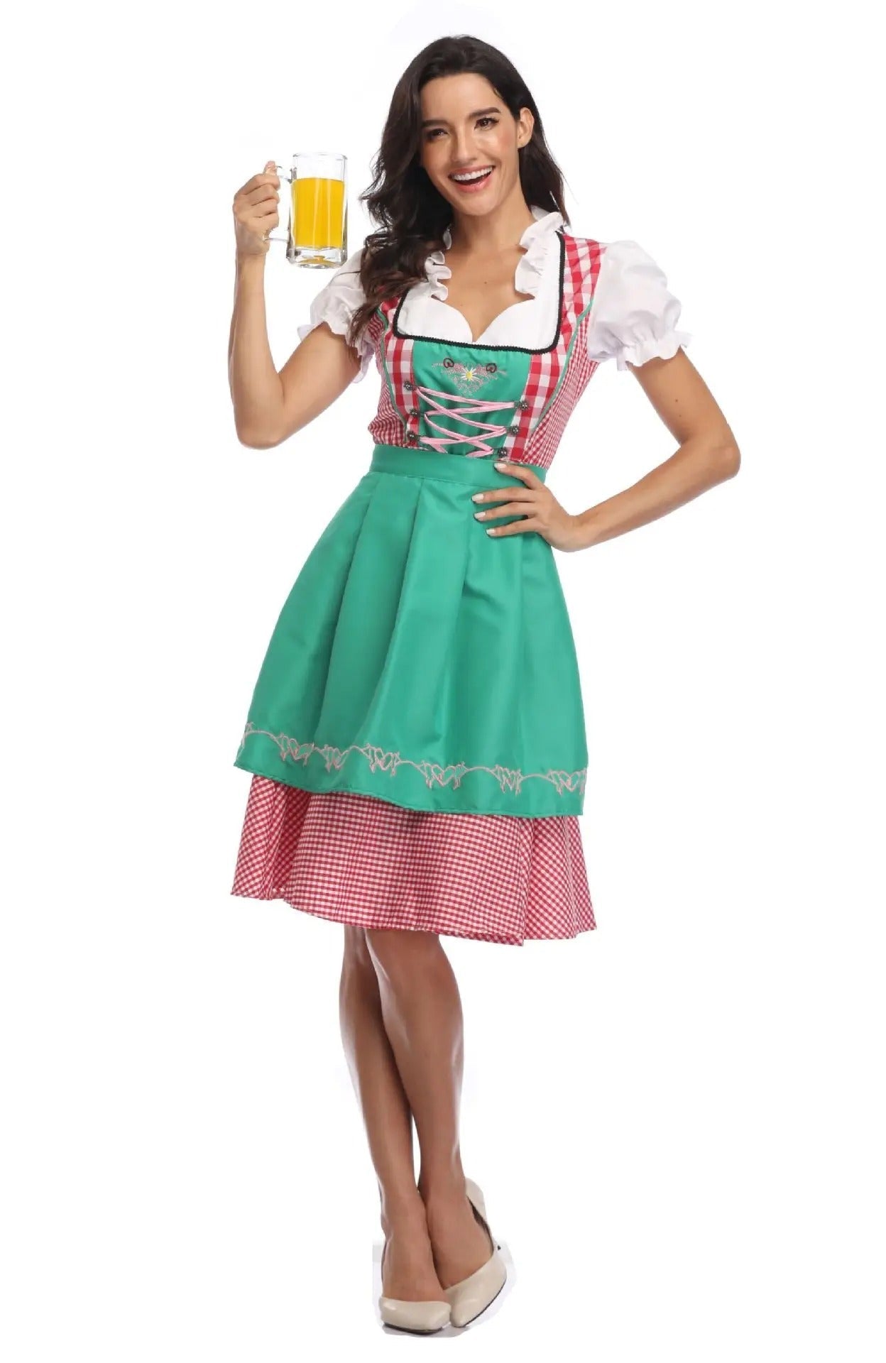 "Oktoberfest dirndl in elegant design, blauw geruit; ideaal voor vrouwen die een feestelijke traditionele Duitse look willen.
