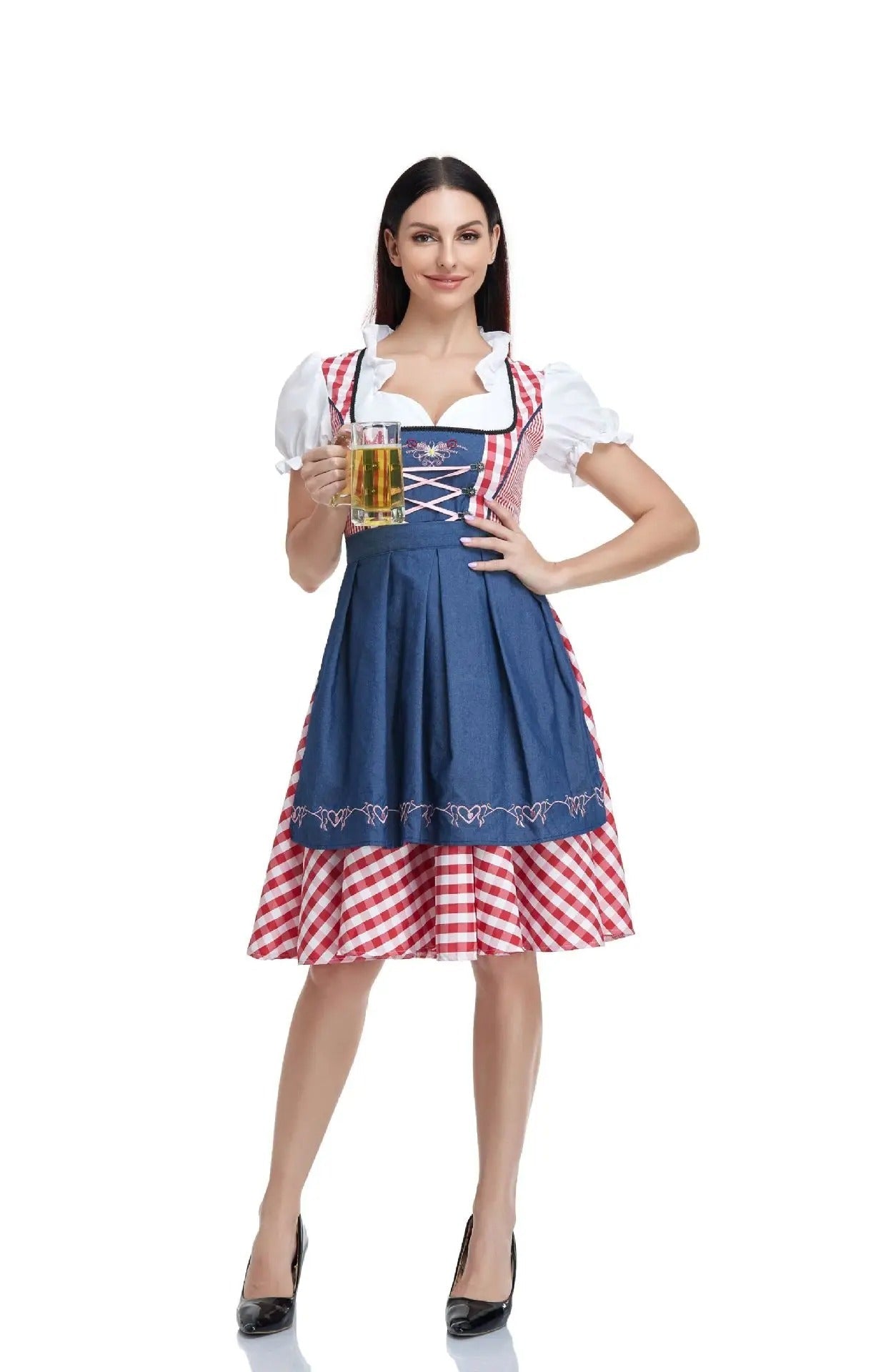 "Oktoberfest dirndl in elegant design, blauw geruit; ideaal voor vrouwen die een feestelijke traditionele Duitse look willen.