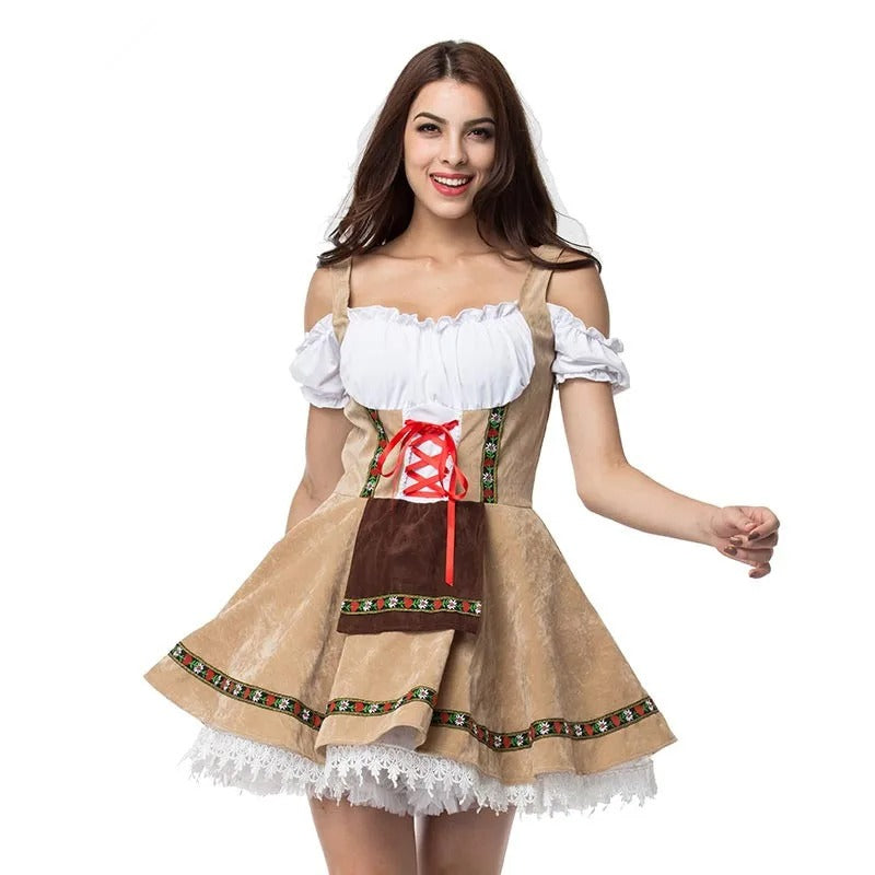 "Oktoberfest dirndl in elegant design, blauw geruit; ideaal voor vrouwen die een feestelijke traditionele Duitse look willen.