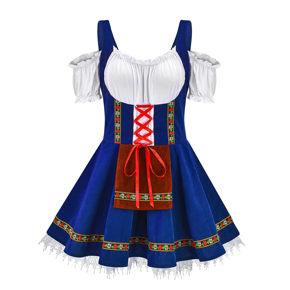 "Oktoberfest dirndl in elegant design, blauw geruit; ideaal voor vrouwen die een feestelijke traditionele Duitse look willen.