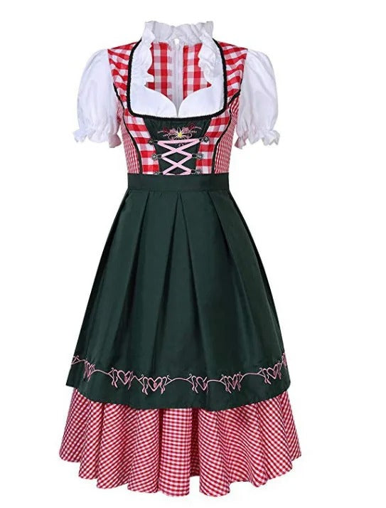 "Oktoberfest dirndl in elegant design, blauw geruit; ideaal voor vrouwen die een feestelijke traditionele Duitse look willen.