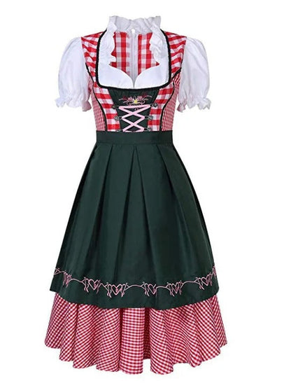"Oktoberfest dirndl in elegant design, blauw geruit; ideaal voor vrouwen die een feestelijke traditionele Duitse look willen.