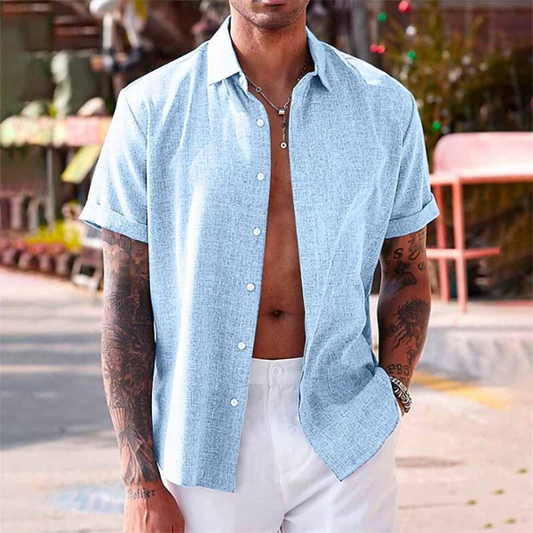 "Oliver korte mouwen overhemd, katoen en linnen, ademend, casual stijl, zomerse outfit, blauw, modieuze look"