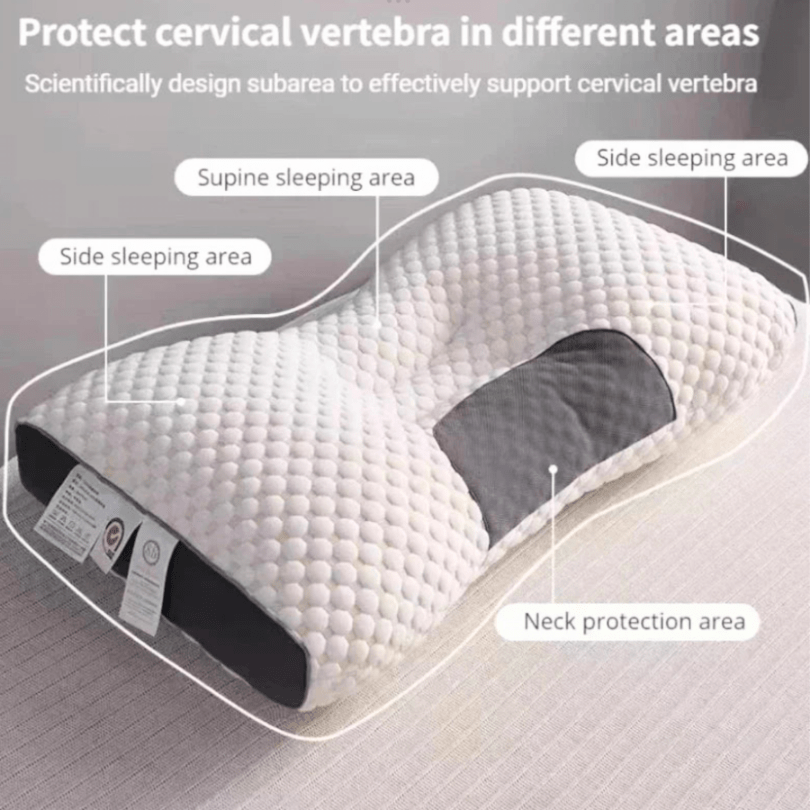 Orthopedisch kussen in zijaanzicht voor nek- en rugondersteuning, wit, ergonomische vorm, geschikt voor alle slaaphoudingen.