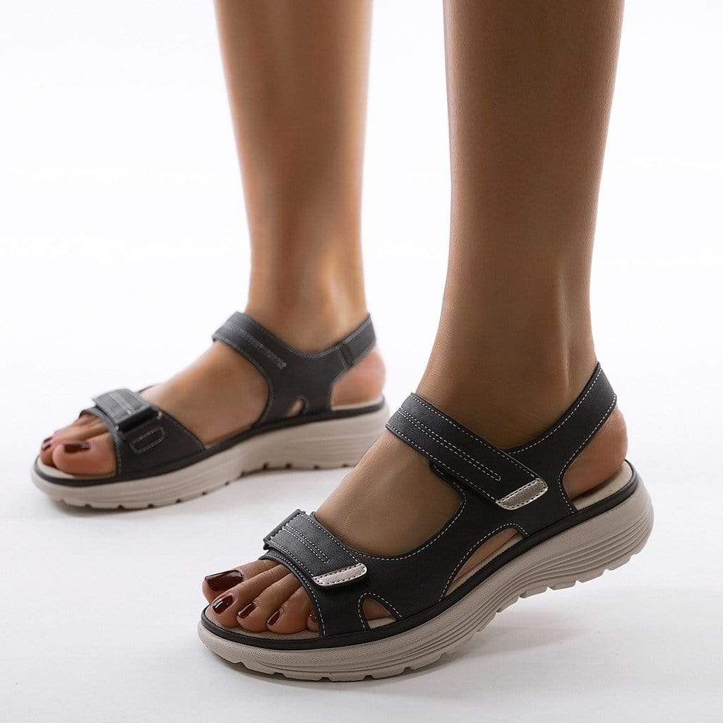 Orthopedische dames sandalen met anatomisch voetbed, zachte zool, in beige, blauw of zwart, ideaal voor comfort en stijl.