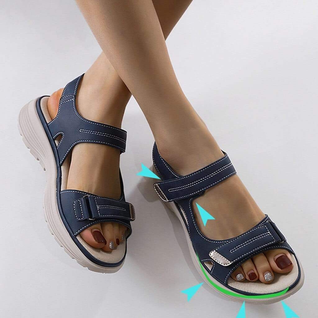 Orthopedische dames sandalen met anatomisch voetbed, zachte zool, in beige, blauw of zwart, ideaal voor comfort en stijl.