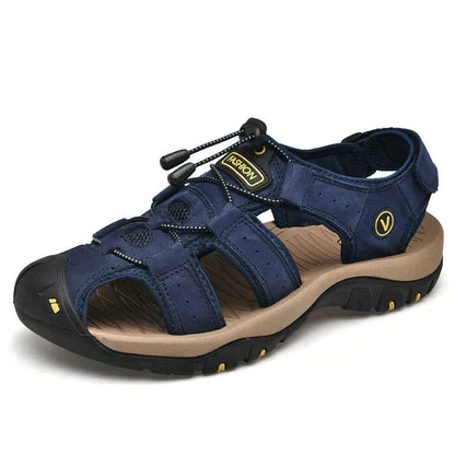 Orthopedische heren sandalen met modern ontwerp, ademend materiaal, bruin leer, verstelbare band voor comfort.