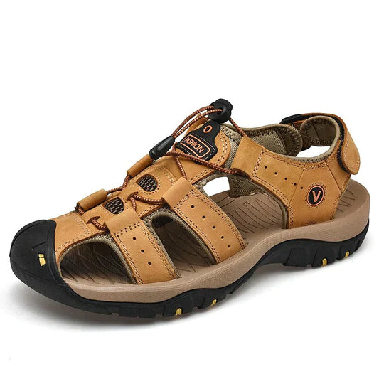 "Orthopedische herensandalen, bruin met stevige zool en klittenbandsluiting, voor optimaal comfort en ondersteuning tijdens w