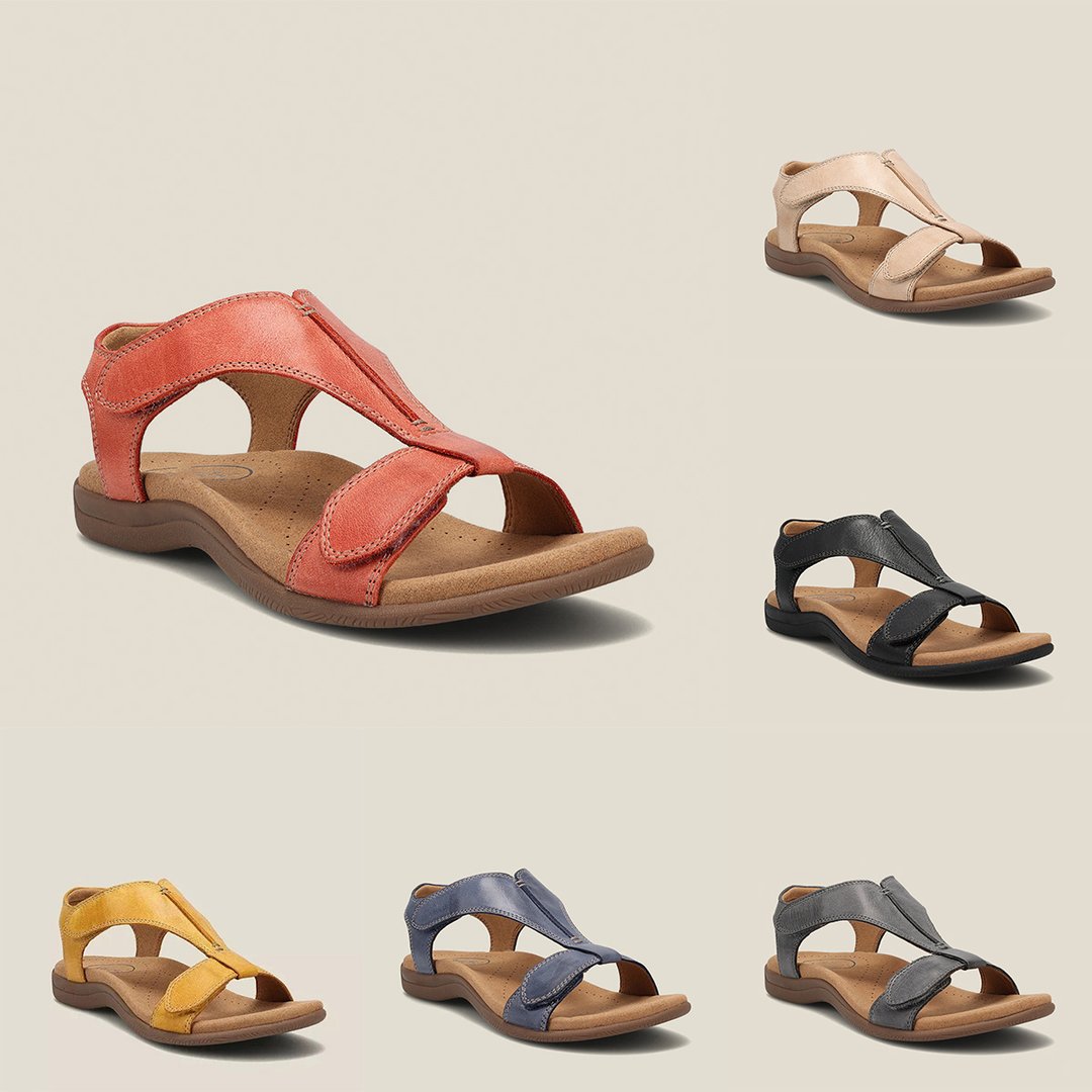 "Orthopedische leren sandalen voor dames. Stijlvol ontwerp, hoogwaardig leer, bruin met verstelbare riemen voor comfort."