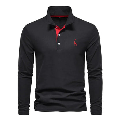 "Poloshirt heren, lange mouwen, stijlvol borduursel, elegante kraag, donkerblauwe stof, geschikt voor casual en formeel."
