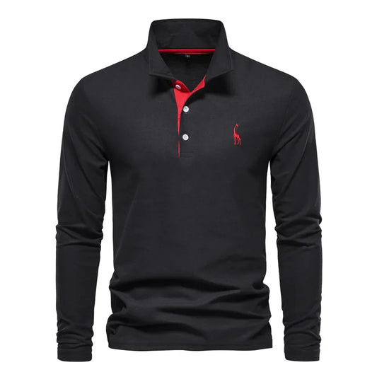 "Poloshirt heren, lange mouwen, stijlvol borduursel, elegante kraag, donkerblauwe stof, geschikt voor casual en formeel."