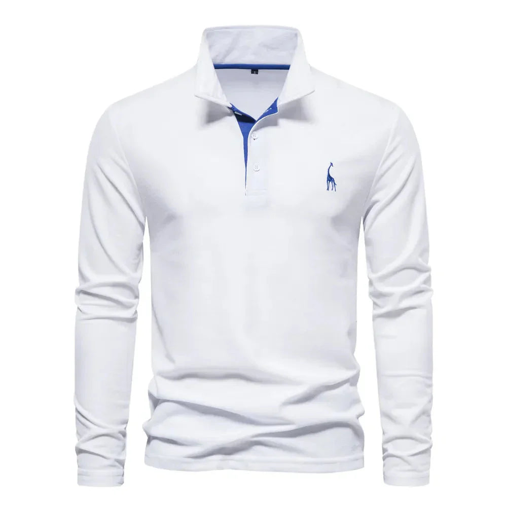 "Poloshirt heren, lange mouwen, stijlvol borduursel, elegante kraag, donkerblauwe stof, geschikt voor casual en formeel."