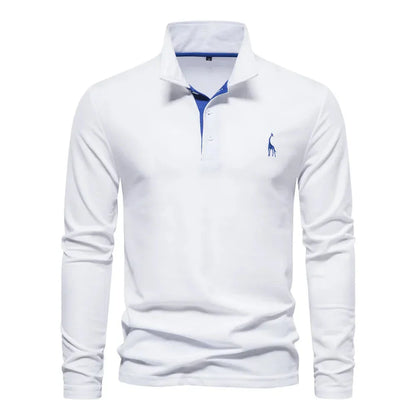 "Poloshirt heren, lange mouwen, stijlvol borduursel, elegante kraag, donkerblauwe stof, geschikt voor casual en formeel."