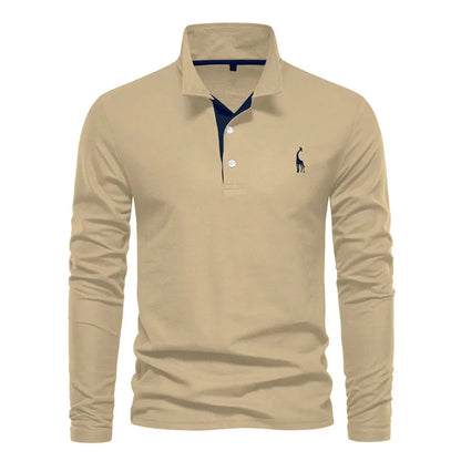 "Poloshirt heren, lange mouwen, stijlvol borduursel, elegante kraag, donkerblauwe stof, geschikt voor casual en formeel."