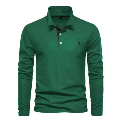"Poloshirt heren, lange mouwen, stijlvol borduursel, elegante kraag, donkerblauwe stof, geschikt voor casual en formeel."