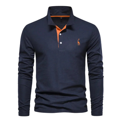"Poloshirt heren, lange mouwen, stijlvol borduursel, elegante kraag, donkerblauwe stof, geschikt voor casual en formeel."