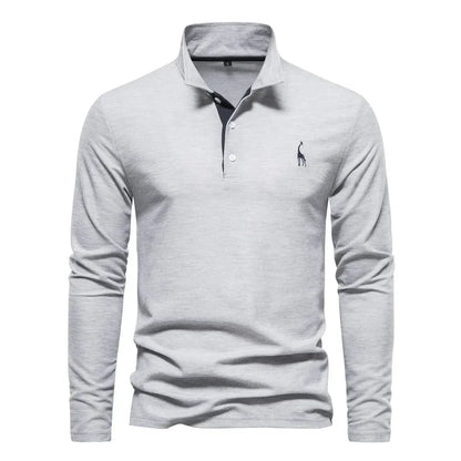 "Poloshirt heren, lange mouwen, stijlvol borduursel, elegante kraag, donkerblauwe stof, geschikt voor casual en formeel."