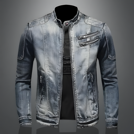 "Retro denim bikerjack voor heren, tijdloze klassieke stijl, hoogwaardig denim, ideaal voor stoere en modieuze looks."