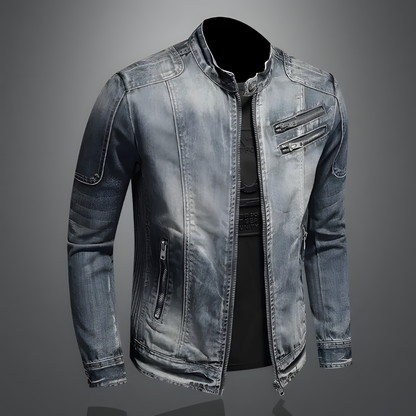 "Retro denim bikerjack voor heren, tijdloze klassieke stijl, hoogwaardig denim, ideaal voor stoere en modieuze looks."