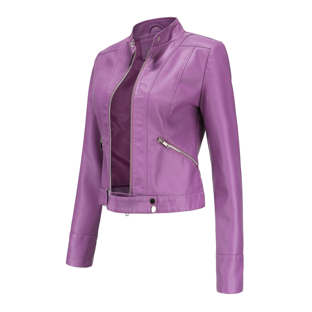 "Rode leren bikerjas voor dames, kort design, stijlvolle en functionele OXANA jas met zakken en luxe uitstraling"