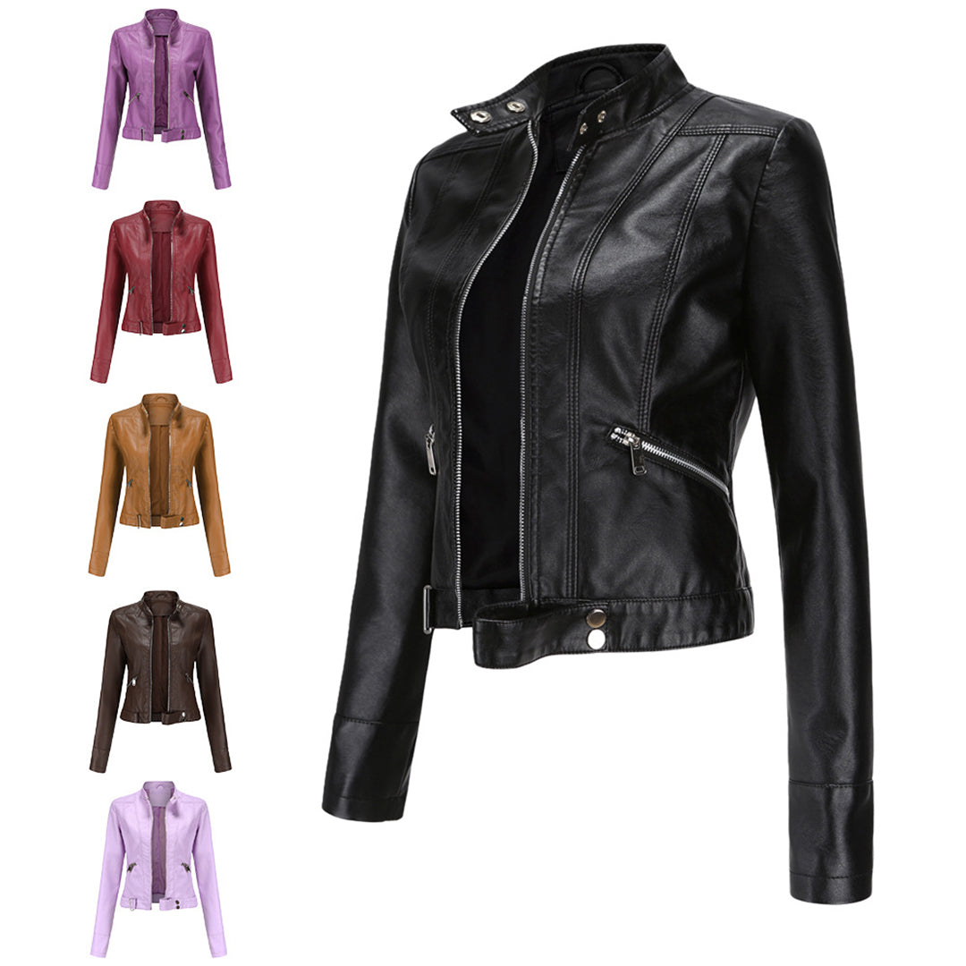 "Rode leren bikerjas voor dames, kort design, stijlvolle en functionele OXANA jas met zakken en luxe uitstraling"