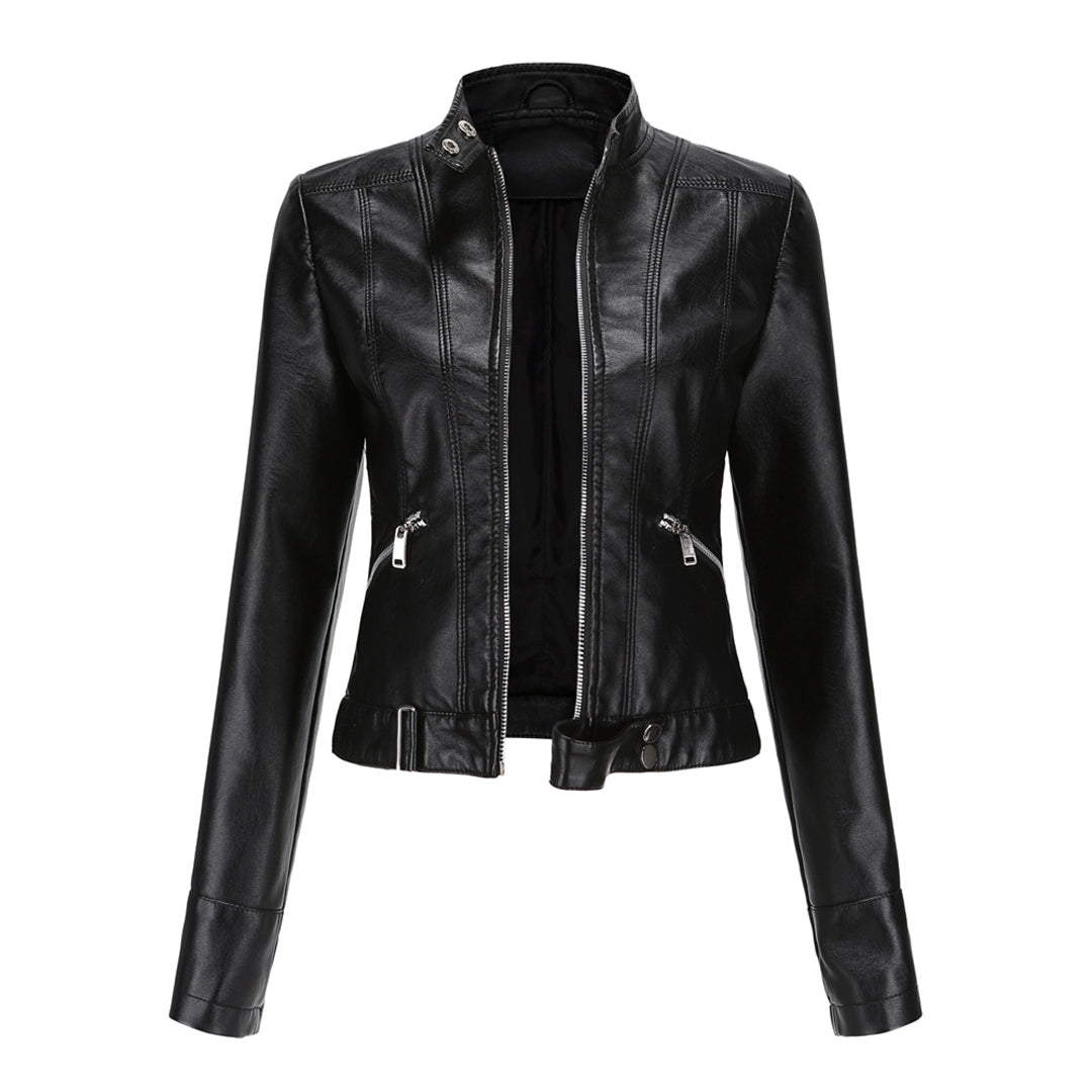 "Rode leren bikerjas voor dames, kort design, stijlvolle en functionele OXANA jas met zakken en luxe uitstraling"