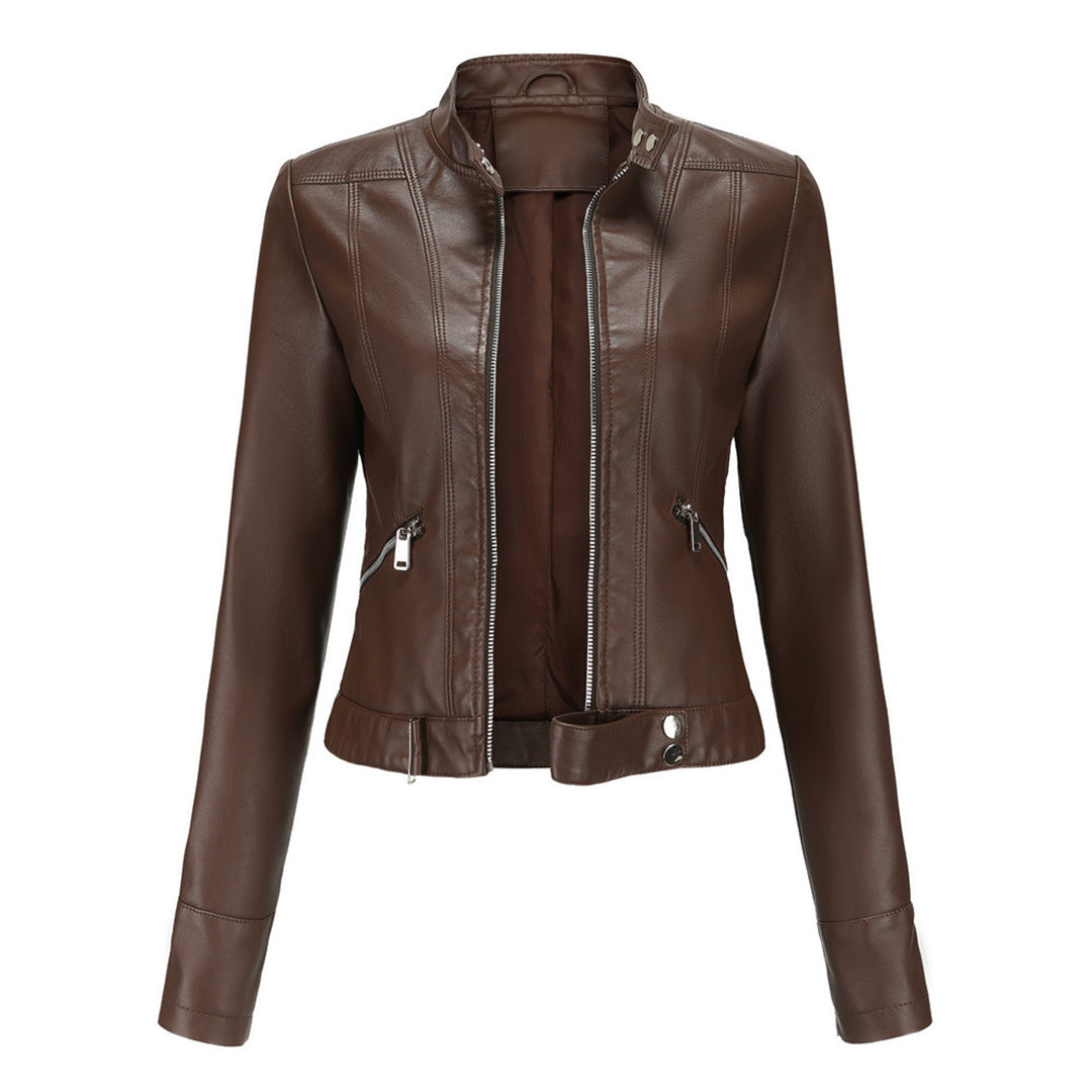 "Rode leren bikerjas voor dames, kort design, stijlvolle en functionele OXANA jas met zakken en luxe uitstraling"