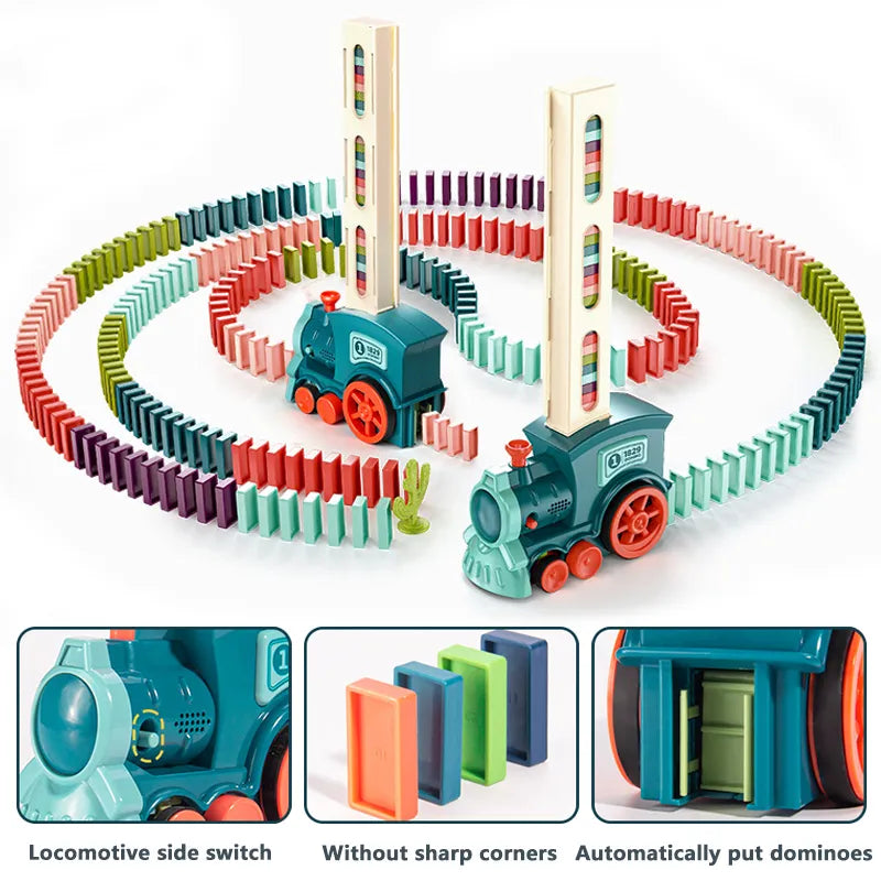 "Rode Magic Domino Trein automatiseert domino-opstelling in kleurrijke patronen, ideaal voor leerzaam kinderspel."