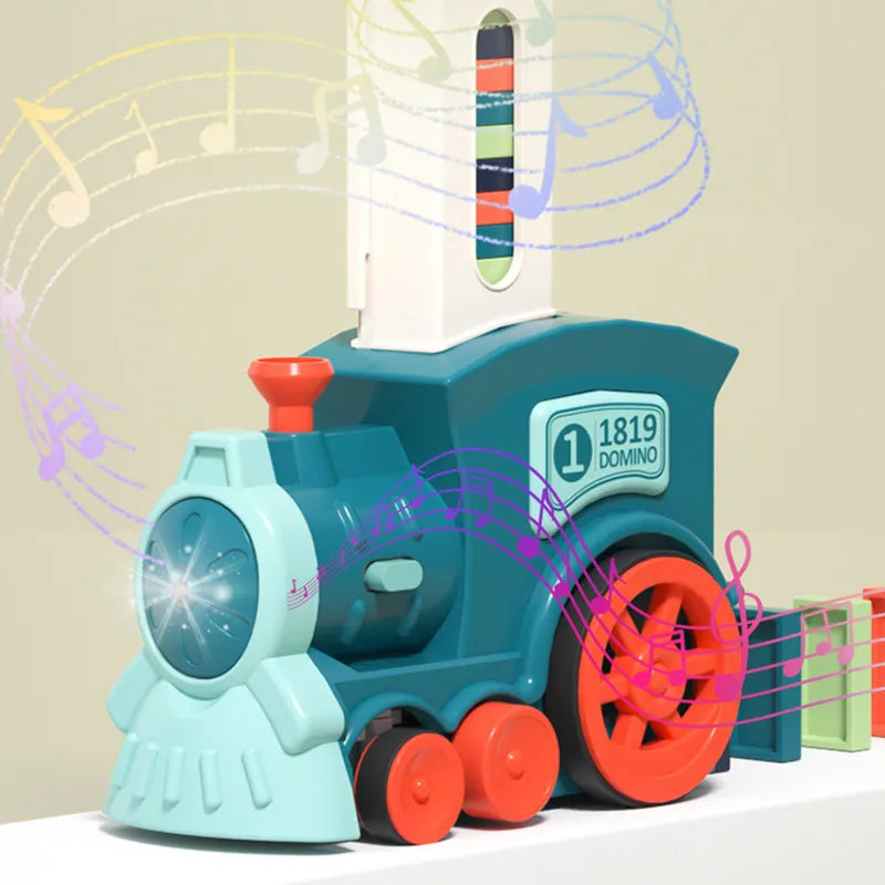 "Rode Magic Domino Trein automatiseert domino-opstelling in kleurrijke patronen, ideaal voor leerzaam kinderspel."